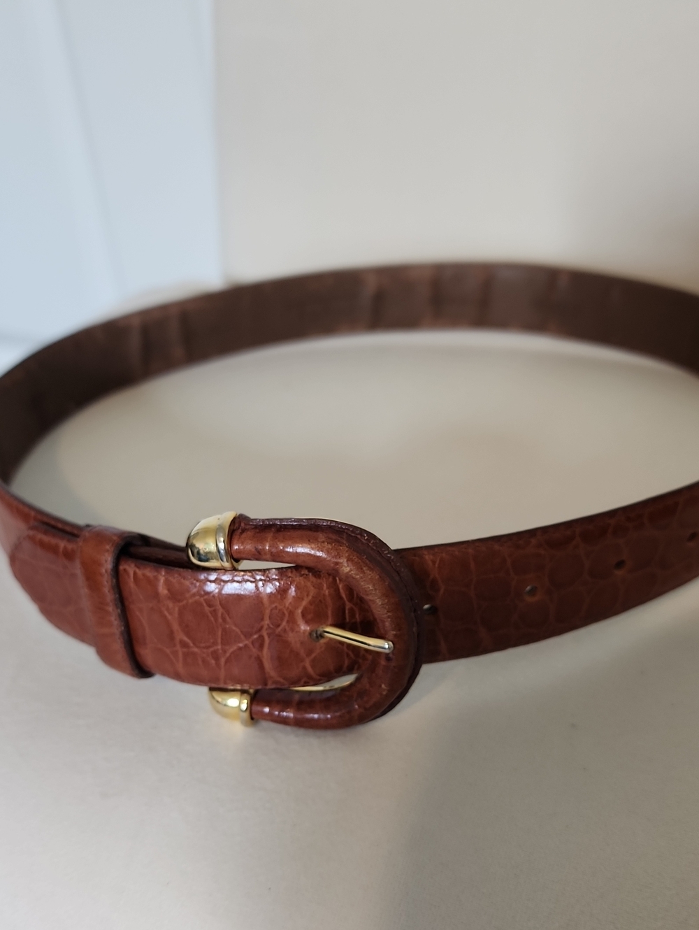 Brown Italian Alligator Calfskin Leather Belt with Gold Buckle - Women's Large